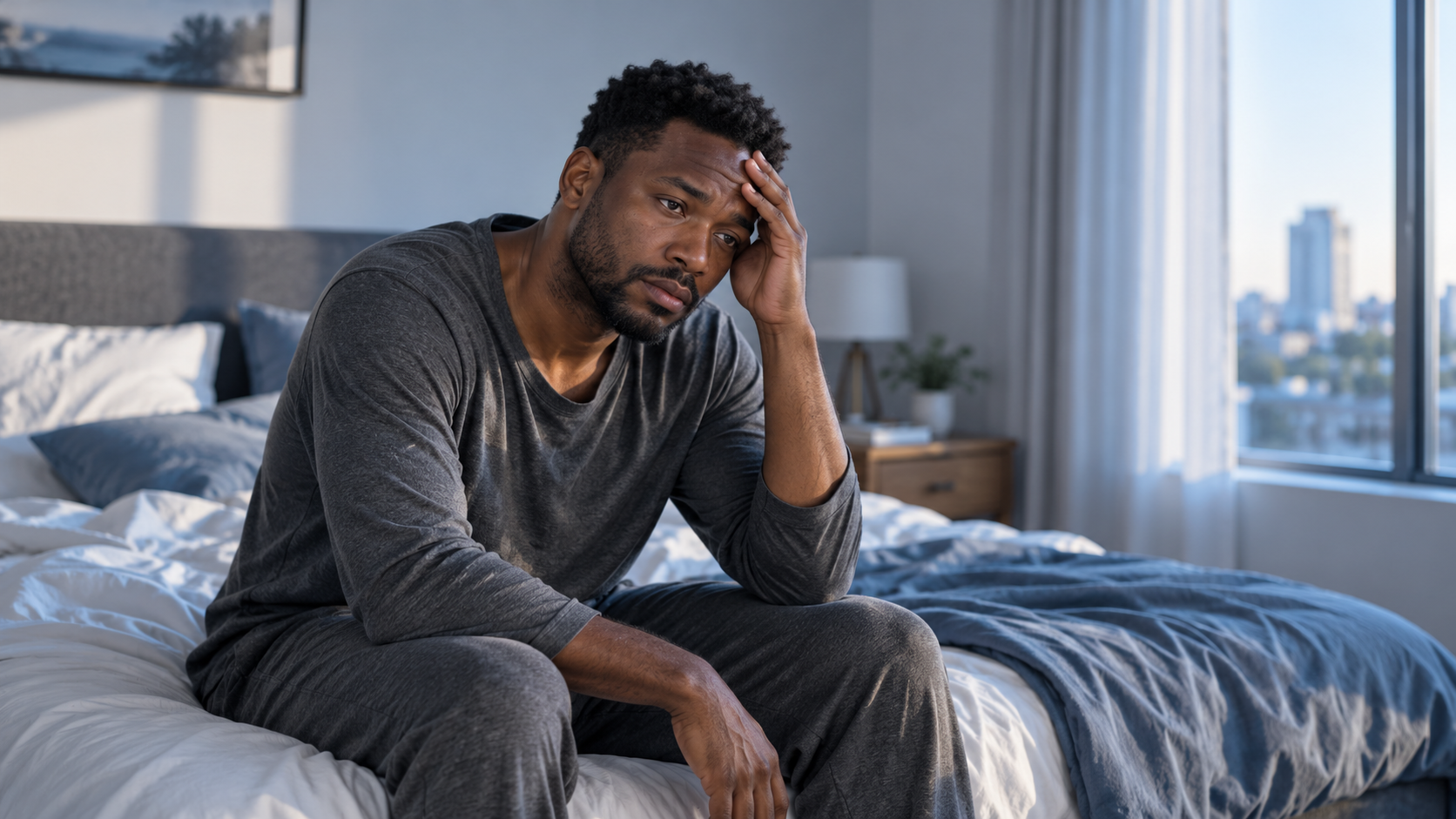 Tired man sitting on the edge of his bed in the morning with his hand resting against his forehead.